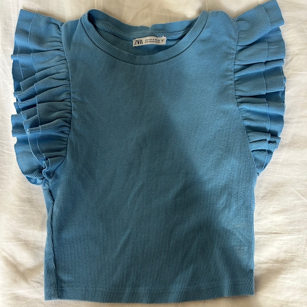 Zara Blue Ruffle Sleeve Top